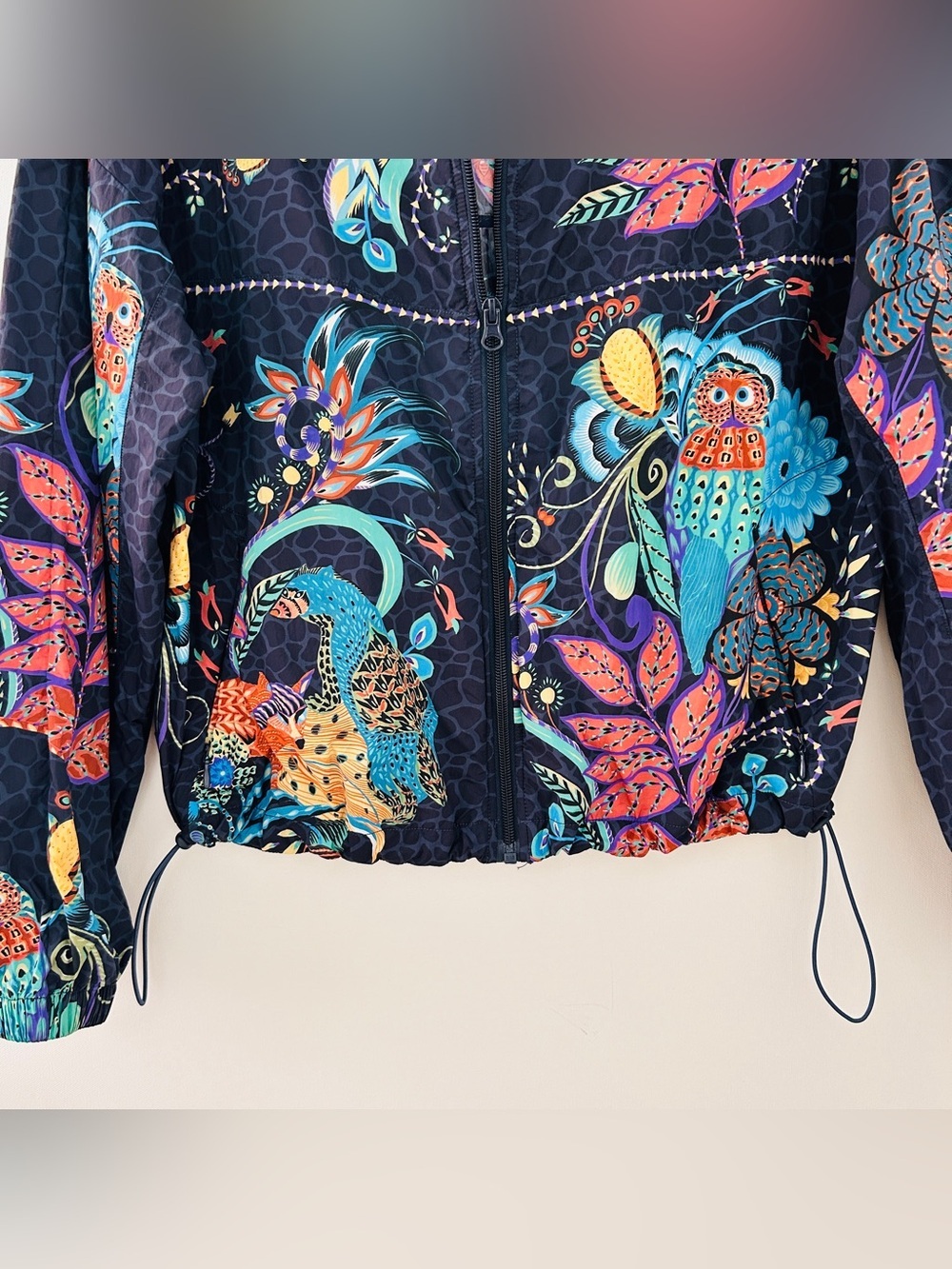 Johnny Was Active Seabrock Windbreaker Jacket Navy Blue Floral Birds Size XS - Picture 5 of 14